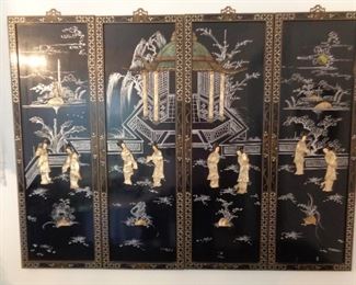 Set of 4 vintage Asian black lacquer Mother of Pearl wall art panels, each 12" wide x 36" tall
