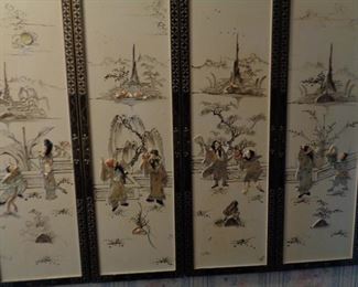 Set of 4 Vintage Asian wall panels in white lacquer with Mother of Pearl