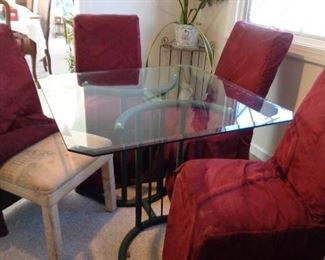 glass top dining table and 4 slip-covered chairs, original fabric shown, 38" x 38"