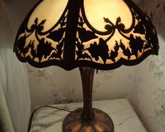 vintage stained glass lamp, marble top table