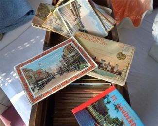 vintage wooden box and vintage postcards