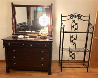 Antique Dresser and Mirror / Metal Etagere / Gone With the Wind Lamp
