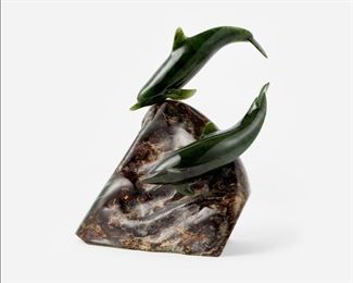 76: Lyla Sopel (b. 1951) Nephrite Jade Dolphins Group