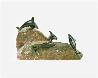 77: David Wong (1937-1998) Nephrite Jade Dolphins Group