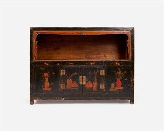 78: Antique Chinese Lacquered Cabinet with Open Shelf
