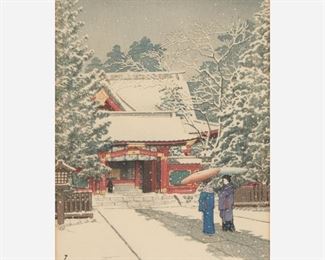 84: Hasui Kawase "Snow at Hinoeda Shrine" Woodblock, 1931