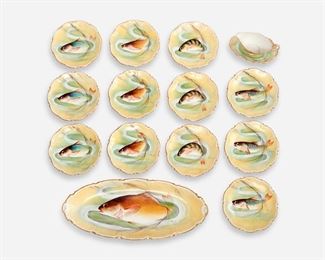 86: Coronet (Limoges) Hand-Painted Fish Platter & 12 Plates
