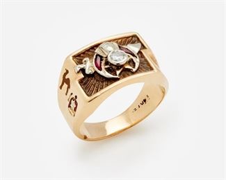 98: Shriners Masonic lodge diamond ring, 14k