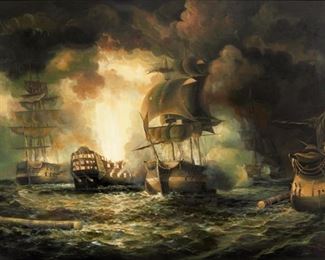 113: Lee Ayers (20th c.) Oil on Canvas, Sea Battle