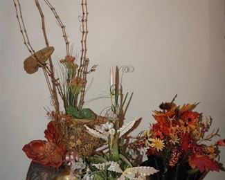 Faux Floral Arrangements with Brass Pot and Shaped Vinyl Pot