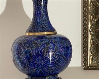 Chinese Metal Purple Blue Enamel Cloisonne Vases, blue/metal/purple, w/ floral pattern surrounding the golden bronze metal relief motif, handmade
