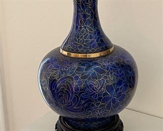 Chinese Metal Purple Blue Enamel Cloisonne Vases, blue/metal/purple, w/ floral pattern surrounding the golden bronze metal relief motif, handmade