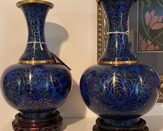 2 Chinese Metal Purple Blue Enamel Cloisonne Vases, blue/metal/purple, w/ floral pattern surrounding the golden bronze metal relief motif, handmade
