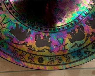 American black iridized art glass platter signed by Artist Dru Malone - Lightwave Glass Studio In Alaska The colors varies depending on the light. It is 13" and is in great shape - no chips or cracks, just some fine scratches from use. It is food safe and should be treated like fine china, no microwave and handwash. made by Dru Malone