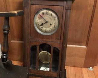Working Antique  German Wall Clock, Walnut Case.  8 day Wind, Strikes at hour and 1/2 hour. C 1920.
