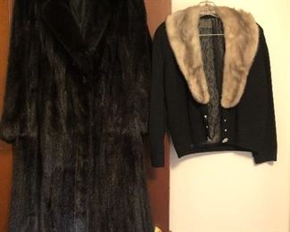 Full Length Mink Coat (size maybe 10), Vintage Sweater with Fur Collar,