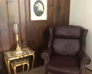Lamp, Gilt Florentine Nesting Tables, Leather Recliner.