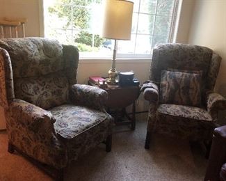 Reclining Wing Chairs, Small Drop Leaf End Table, Binoculars