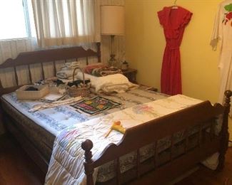 Full size bed, linens, Dresses
