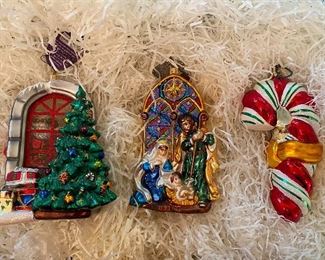 Christopher Radko ornaments
1)”A Glimpse of Christmas”(signed) 200.SOLD
2)”Holy Reflections” 65.  SOLD
3) Large Candy Cane 65.