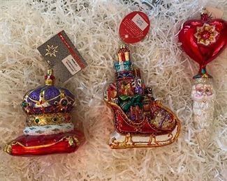 Christopher Radko 
139)"Crowning Achievement”  signed M.Tare  80. SOLD
140)"Sleigh Pile Up”  65.
141) Heartsickle Santa” signed "Billy to Jack and David 2012"  45. 