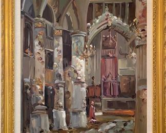 Oil painting of cathedral interior