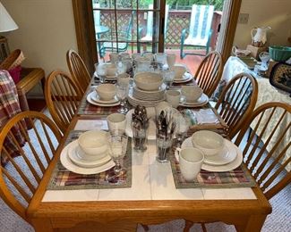 Oak/Tile Kitchen Table Dinaire Buffalo, NY w/1 Leaf & 6 Chairs/Cushions, Pfaltzgraff USA Sierra White Dinnerware & Glassware!