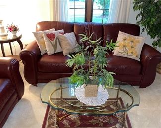 Art Van Brown Leather Couch, Loveseat & Chair/Ottoman & Glass/Metal Tables!