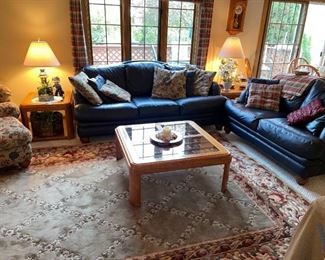 LaZ-Boy American Home Collection Blue Leather Couch & Love Seat & Oak/Glass Coffee & End Tables!
