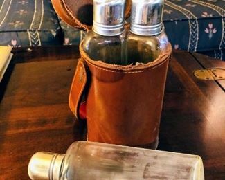 Glass Flasks in Leather Travel Case