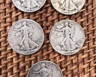 Lot #11 1941 Walking Liberty 1/2 dolllars $60/5 ungraded circulated coins 90% silver