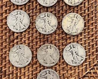 Lot#14  collection of 10 Walking Liberty half dollars well circulated ungraded coins $100/10 1934-1943 and 4 have dates worn off 90% silver