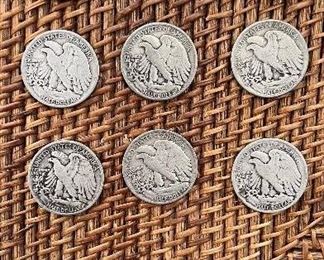 Lot 13   1945  9 Walking Liberty Half Dollars ungraded circulated coins 90% silver 1945S -3 1945p-6 $135/9