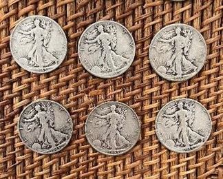 Lot 13   1945  9 Walking Liberty Half Dollars ungraded circulated coins 90% silver 1945S -3 1945p-6 $135/9