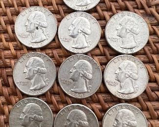 Lot of 10 1964 Washington Quarters
Ungraded Circulated Coins
18 lots available $50 per lot of 10
90% silver