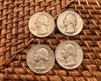 Lot of 4 1955Washington Quarters
Ungraded Circulated Coins
1 lot available $22 per lot of 4
90% silver