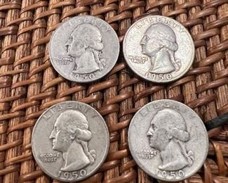 Lot of 4 1950 Washington Quarters
Ungraded Circulated Coins
1 lot available $22 per lot of 4 
90% silver