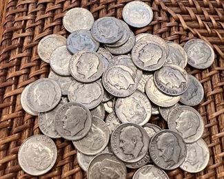 Lot #15 1946-1964  50 coins per bag mixed lot of Roosevelt dimes ( on average in each bag there are 3-5 1940's, 10-12 1950's 35 1960's ) these are circulated ungraded coins for $100 per bag with 6 lots being available. 