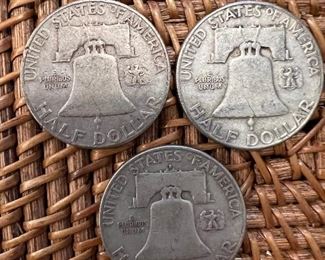 Lot 17 1950 Franklin Half Dollar 3/$30.00 ungraded circulated coins 90% silver