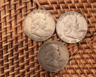 Lot 17 1950 Franklin Half Dollar 3/$30.00 ungraded circulated coins 90% silver