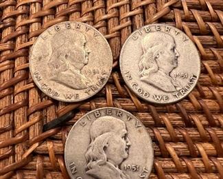 Lot 18 1951Franklin Half Dollar 3/$30.00 ungraded circulated coins 90% silver