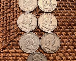 Lot 19 1952 Franklin Half Dollar 7/$70. 00 ungraded circulated coins 90% silver