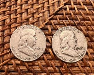 Lot 20 1953 Franklin Half Dollar 2/$20 ungraded circulated coins 90% silver