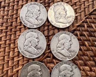 Lot 22 1957 Franklin Half Dollar 6/$60 ungraded circulated coins 90% silver