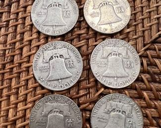 Lot 22 1957 Franklin Half Dollar 6/$60 ungraded circulated coins 90% silver