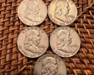 Lot 23 1958 Franklin Half Dollar 5/$50 ungraded circulated coins 90% silver