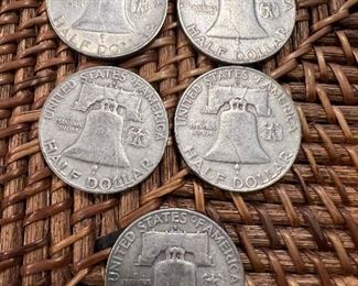 Lot 23 1958 Franklin Half Dollar 5/$50 ungraded circulated coins 90% silver