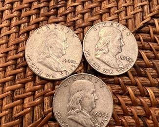 Lot 251960 Franklin Half Dollar 3/$30 ungraded circulated coins 90% silver