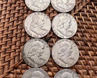 Lot 27 1962Franklin Half Dollar 8/$80 ungraded circulated coins 90% silver