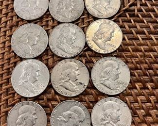 Lot 281963 Franklin Half Dollar 12/$120 ungraded circulated coins 90% silver
